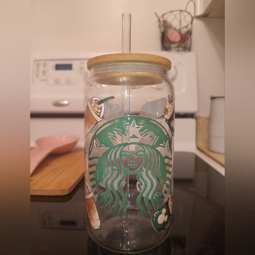 New 16 oz Starbucks Libby glass with straw.